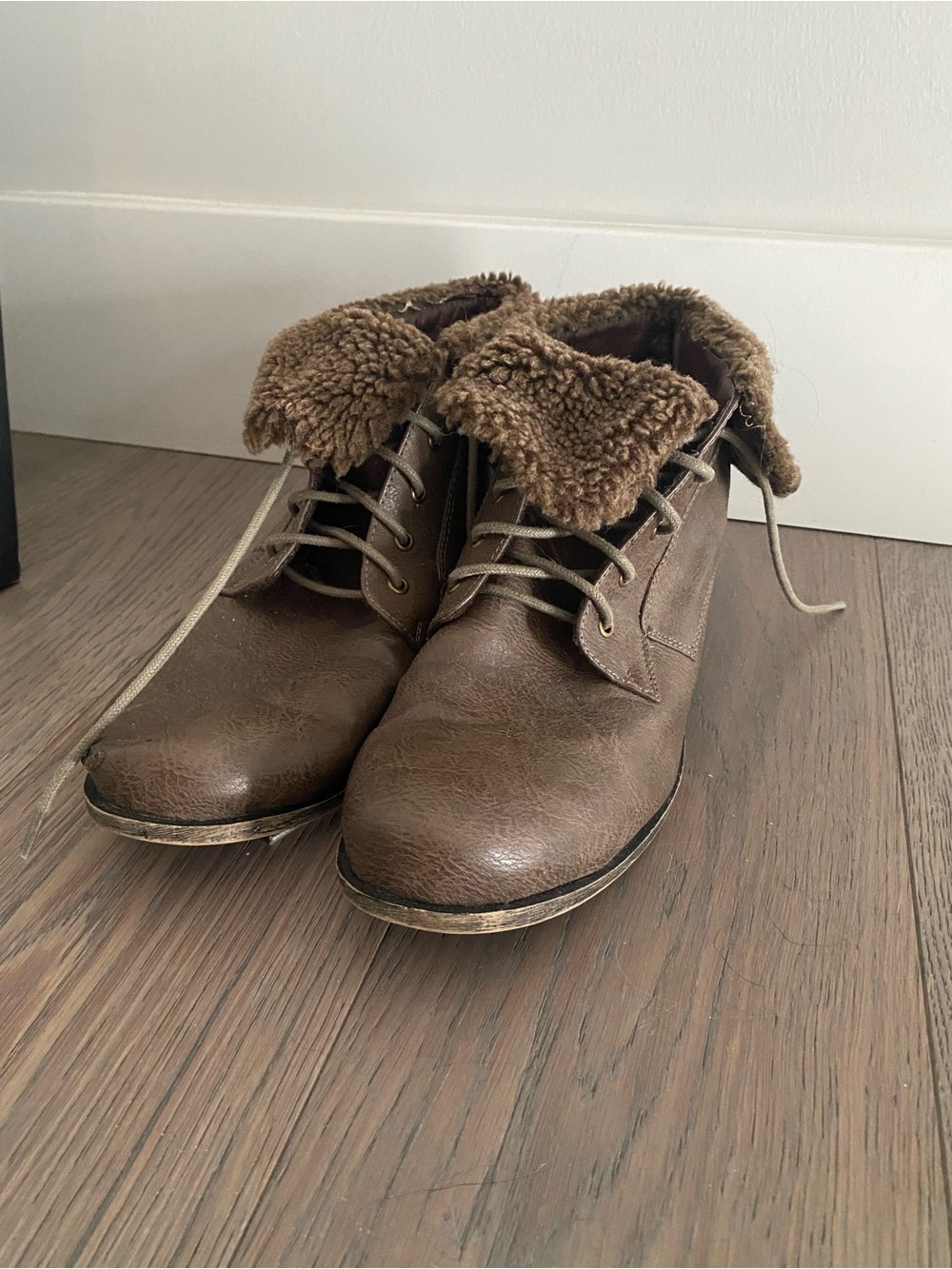 Women’s Brown Faux-Shearling Lace-Up Ankle Boots